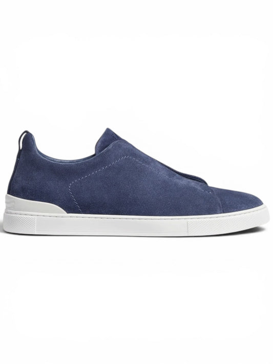 Zegna White Deerskin Triple Stitch Sneakers Utility Blue