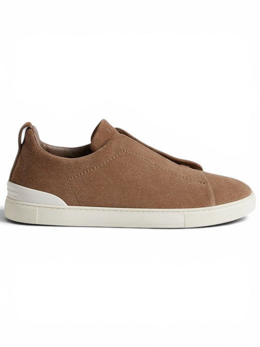 Zegna White Deerskin Triple Stitch Sneakers Dark Beige